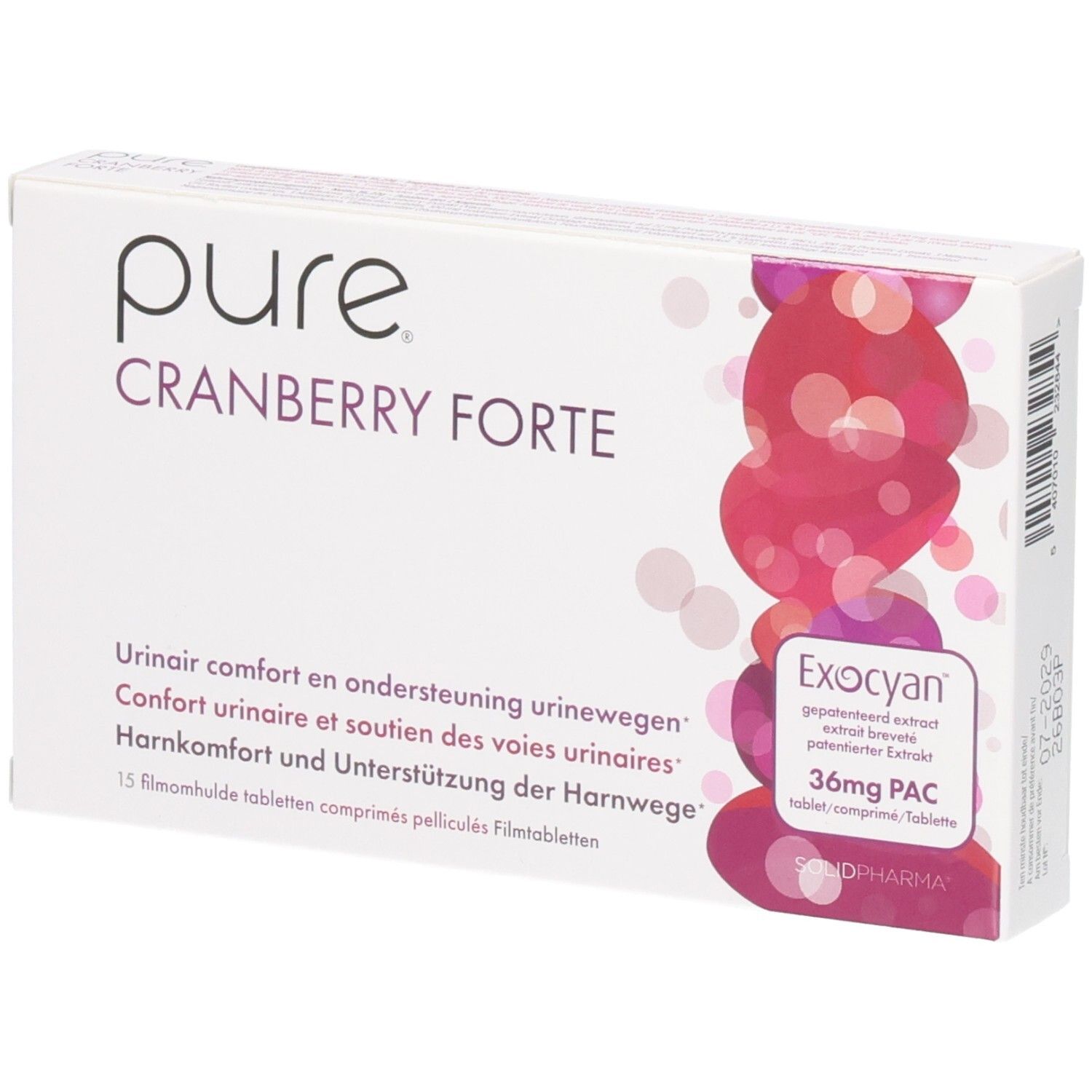 Boîte blanche avec texte Pure Cranberry Forte, 15 comprimés. Logo Exocyan, 36mg PAC. Inscriptions en plusieurs langues.