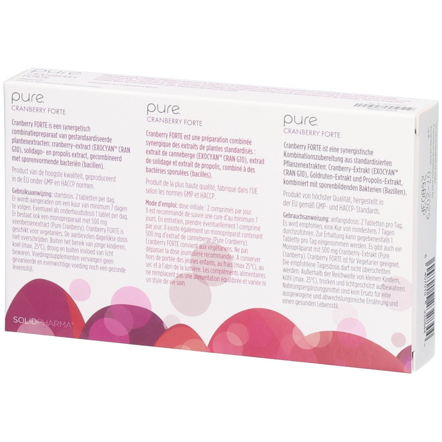 Dos de la boîte Pure Cranberry Forte. Texte multilingue. Logo Solidpharma.