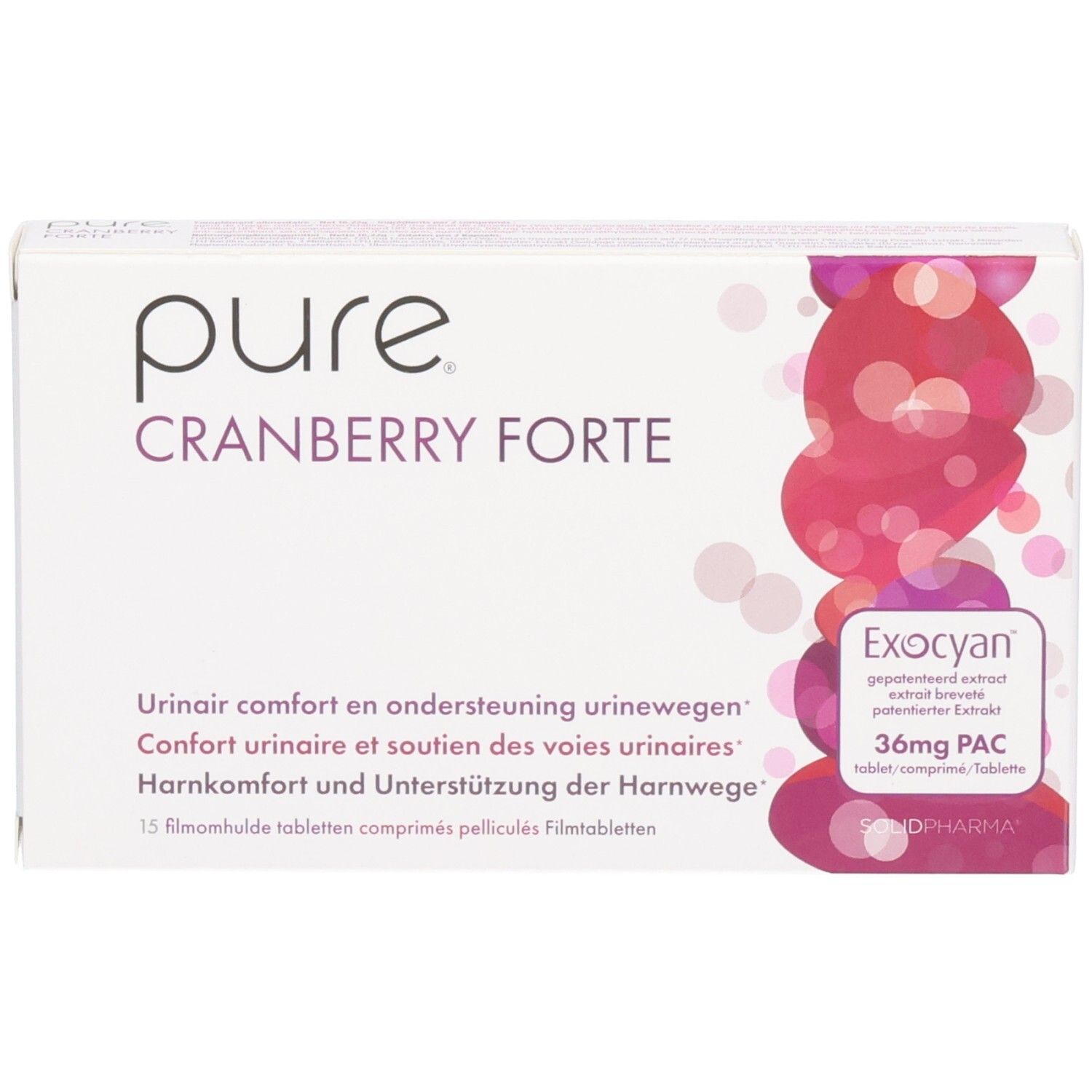 Boîte blanche avec texte Pure Cranberry Forte, 15 comprimés. Logo Exocyan, 36mg PAC. Inscriptions en plusieurs langues.