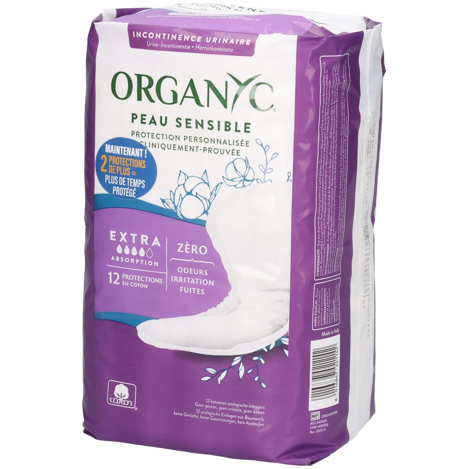 Verpakking Organyc incontinentieproducten. Extra absorptie, 12 stuks. Voor gevoelige huid. Katoen.