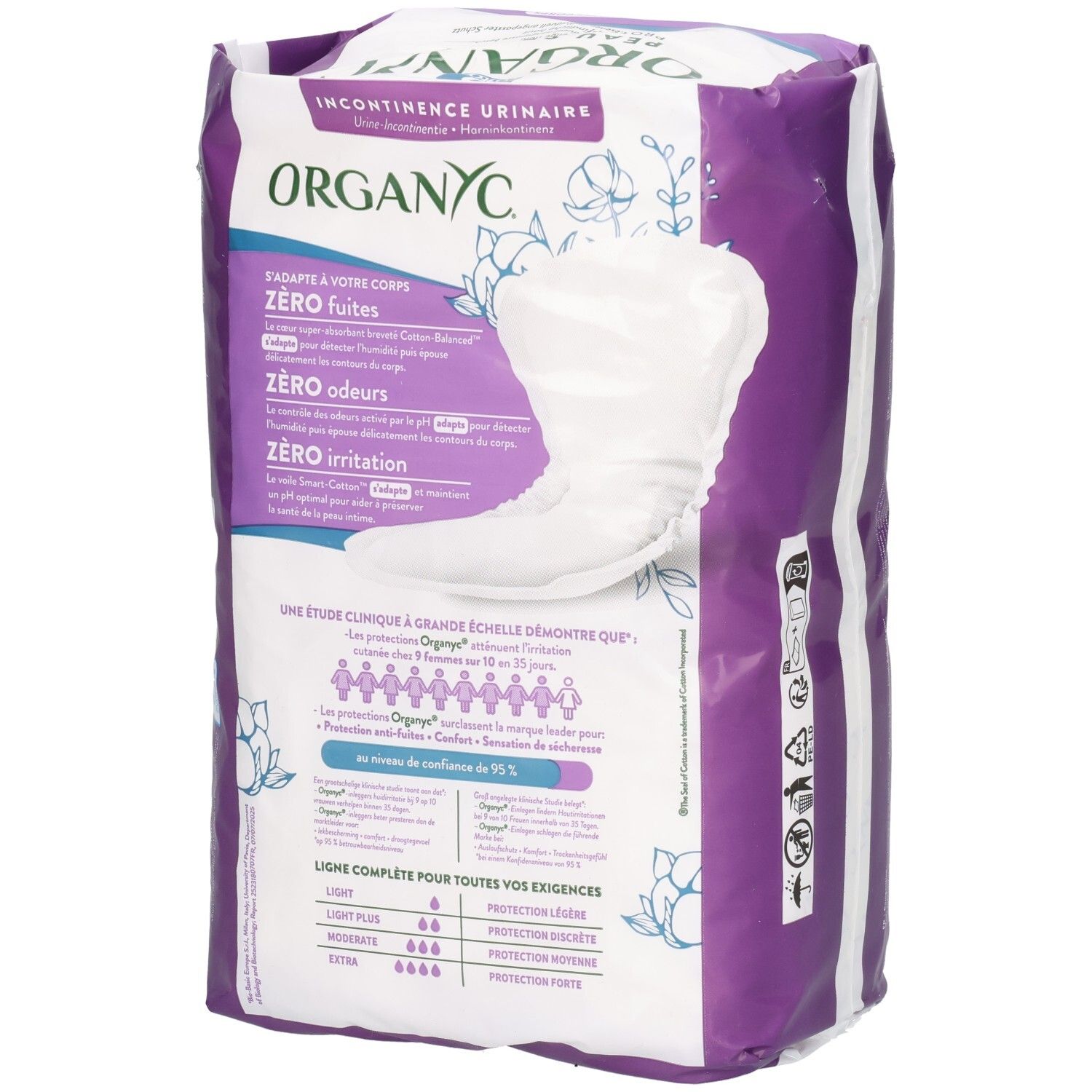 Achterkant van de verpakking incontinentieproducten. Merk: Organyc. Informatie over eigenschappen en ingrediënten.