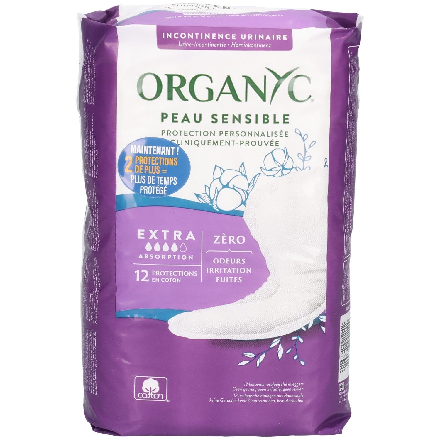 Verpakking Organyc incontinentieproducten. Extra absorptie, 12 stuks. Voor gevoelige huid. Katoen.