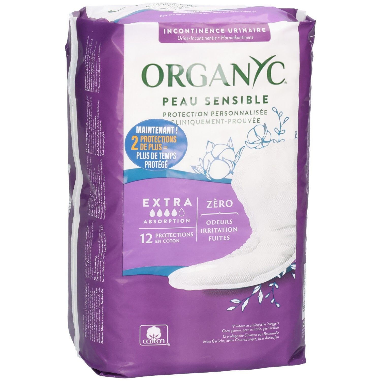 Verpakking Organyc incontinentieproducten. Extra absorptie, 12 stuks. Voor gevoelige huid. Katoen.