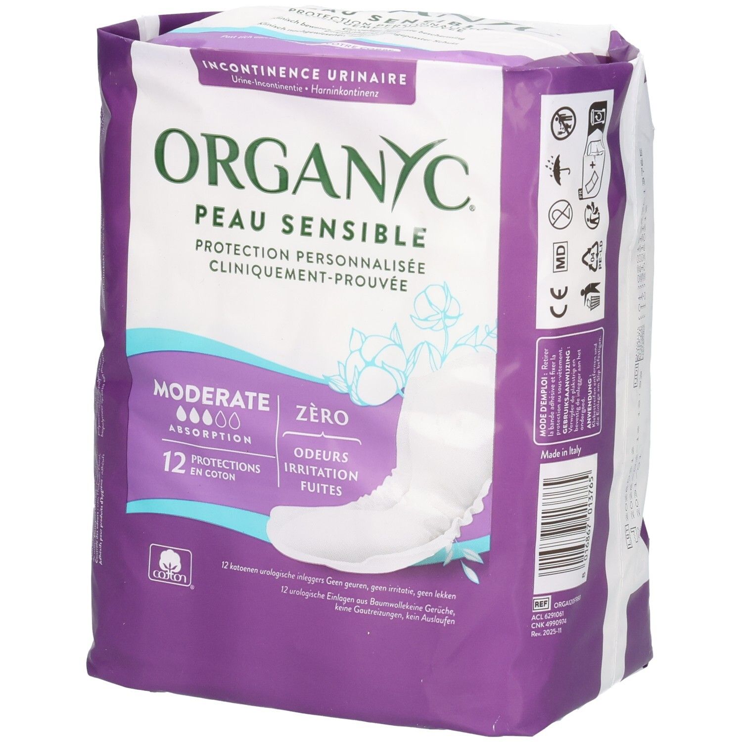 Paquet Organyc de serviettes pour incontinence. Inscription: Peau Sensible, Absorption modérée, 12 protections. Logo coton.