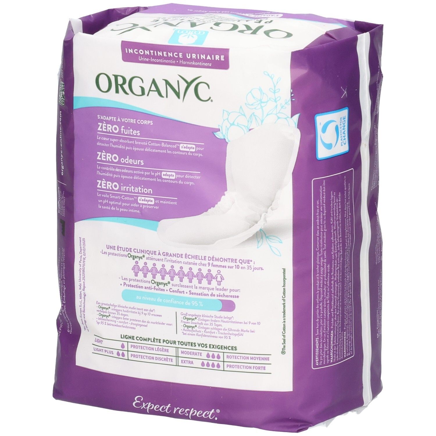 Paquet Organyc de serviettes pour incontinence. Inscription: Peau Sensible, Zero Odours, Zero Irritation. Texte et logos.