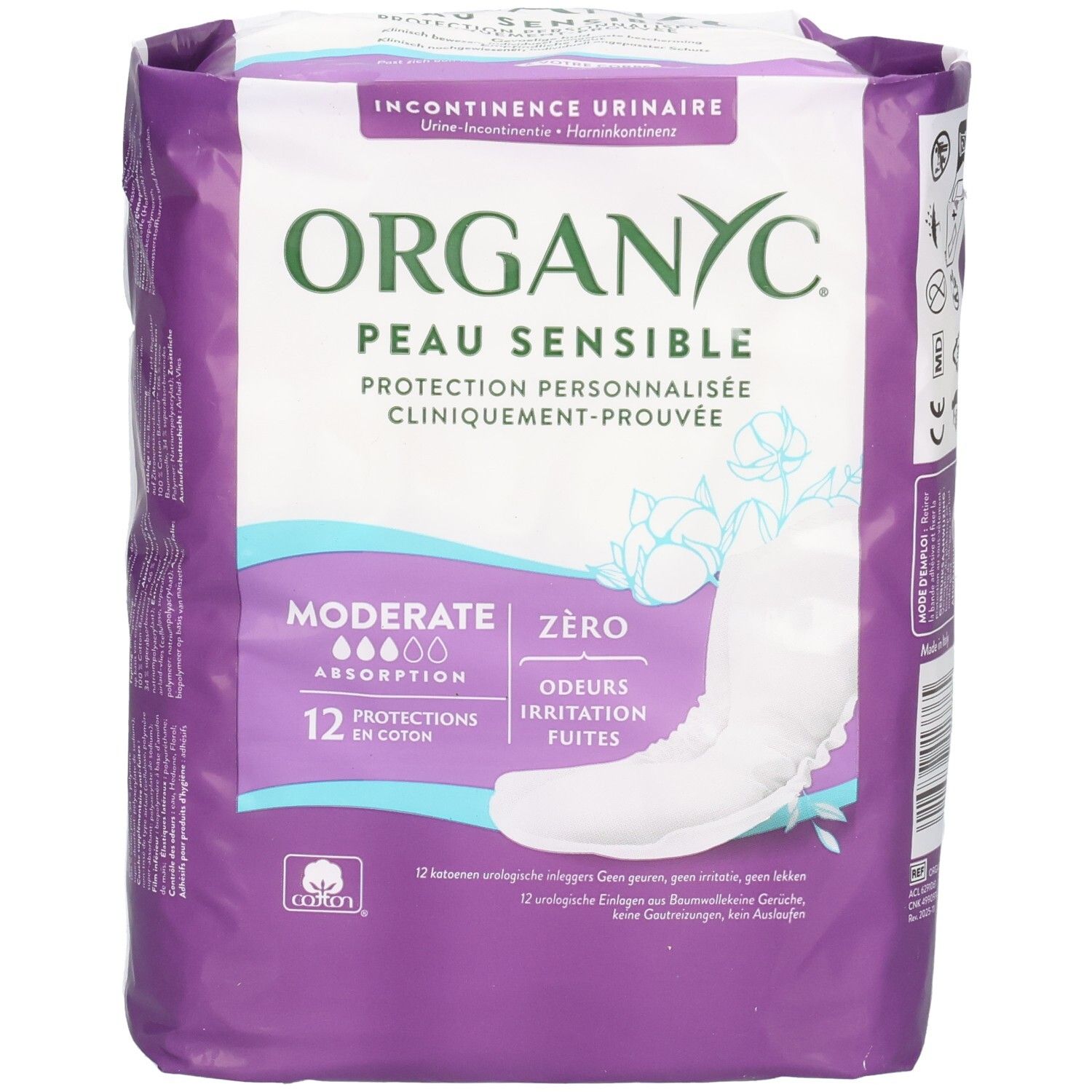 Paquet Organyc de serviettes pour incontinence. Inscription: Peau Sensible, Absorption modérée, 12 protections. Logo coton.