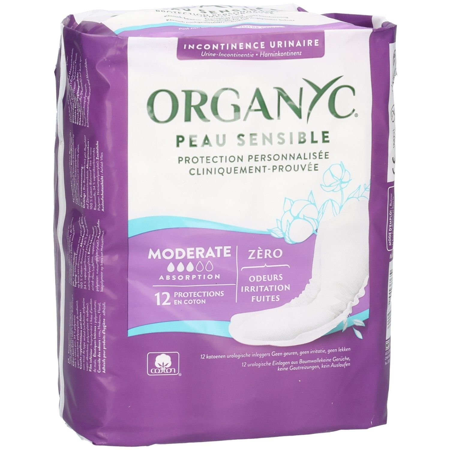 Paquet Organyc de serviettes pour incontinence. Inscription: Peau Sensible, Absorption modérée, 12 protections. Logo coton.