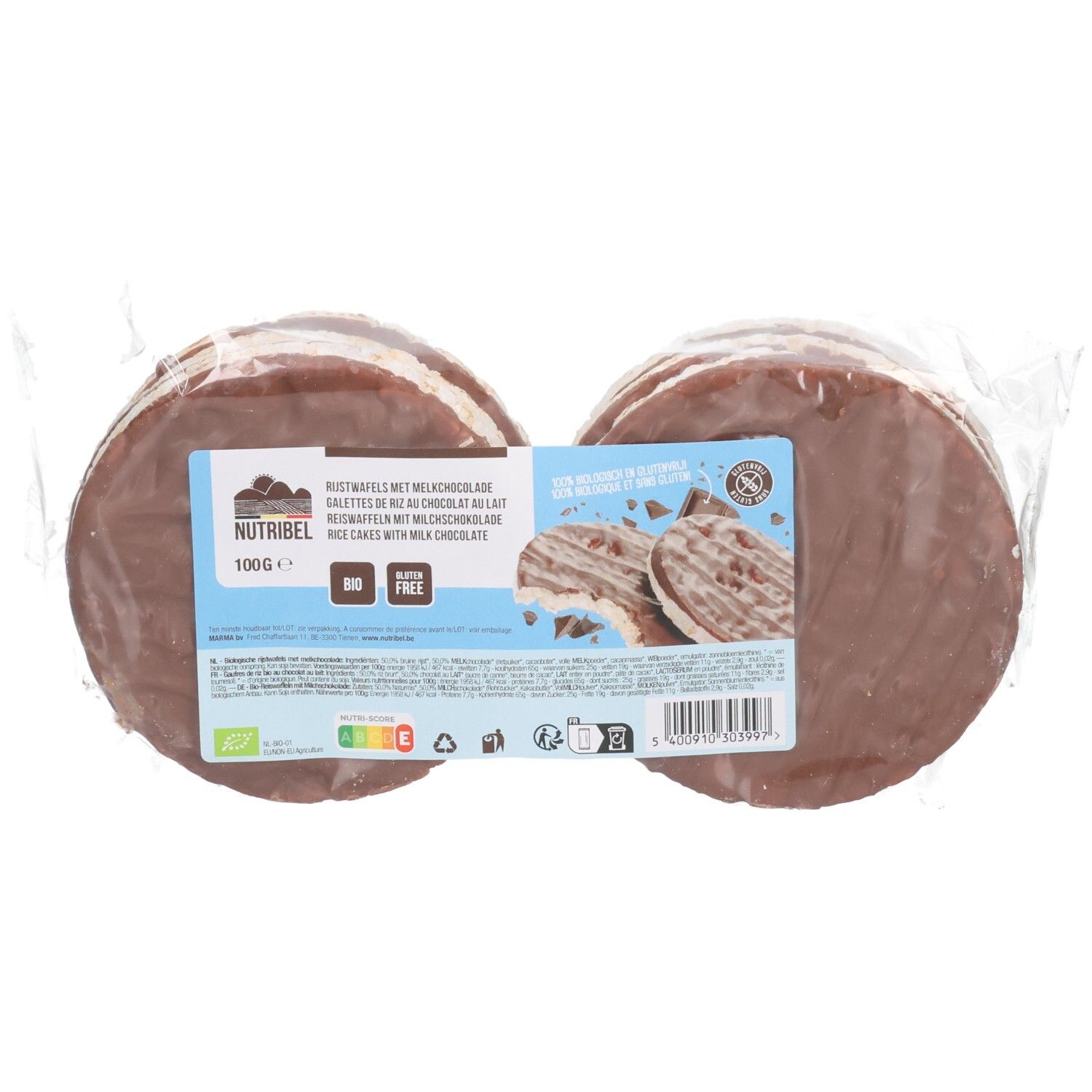 Verpakking rijstwafels met melkchocolade. Ronde wafels, deels bedekt met chocolade. Bio-certificering zichtbaar.