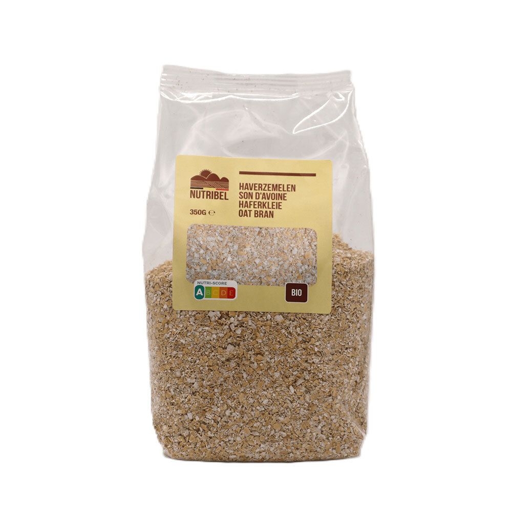Sachet transparent de son d'avoine. Étiquette avec nom du produit, label bio et informations nutritionnelles. Contenu: 350g.