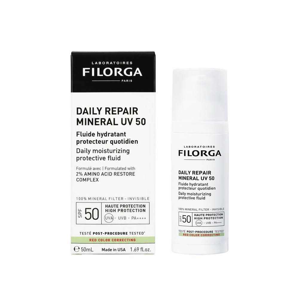 Product en verpakking. Witte fles met doseerpomp en doos. Opschrift: Filorga, Daily Repair Mineral UV 50.