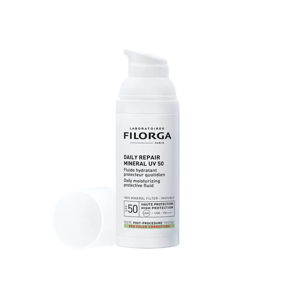 Flacon blanc avec pompe doseuse. Inscription : Filorga, Daily Repair Mineral UV 50, SPF 50+.