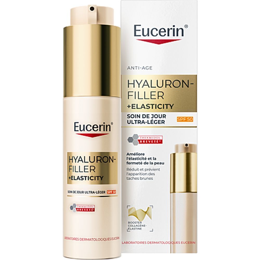 Emballage du produit avec flacon et boîte. Inscription: Eucerin, Hyaluron-Filler + Elasticity, SPF 50.