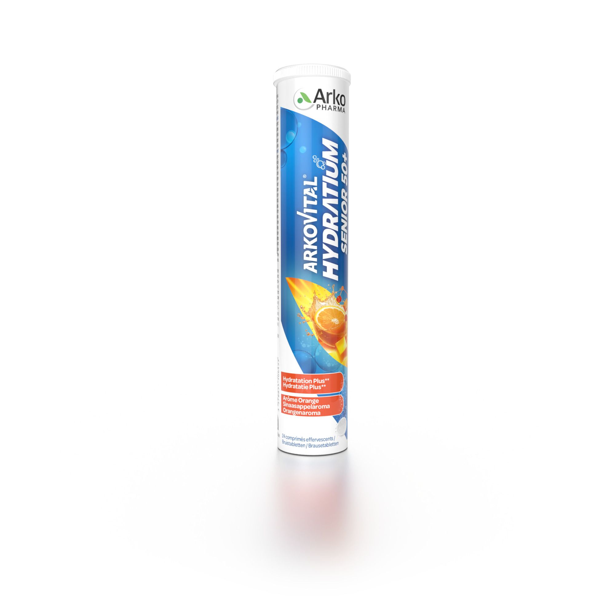 Tube de Arkovital Hydratium Senior 50+. Bouchon blanc, graphisme bleu et orange. Contient des comprimés effervescents.