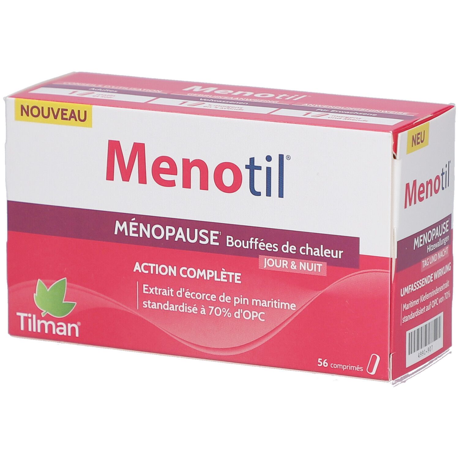 Doos Menotil. Opschrift: Menopauze, opvliegers, dag & nacht. Bevat 56 tabletten. Merk Tilman.