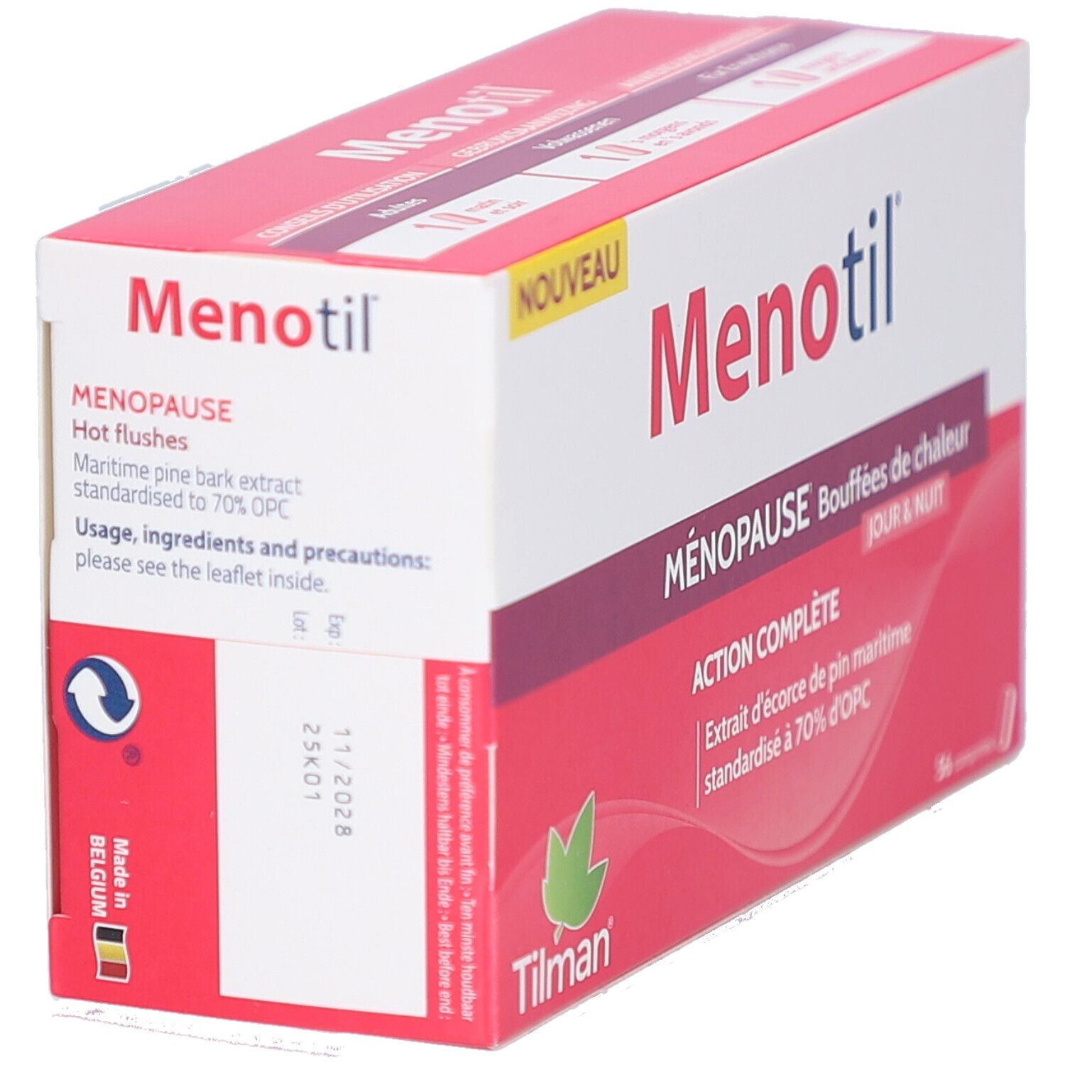 Doos Menotil, zijaanzicht. Opschrift: Menopauze, opvliegers. Bevat extract van zeedenschors. Merk Tilman.