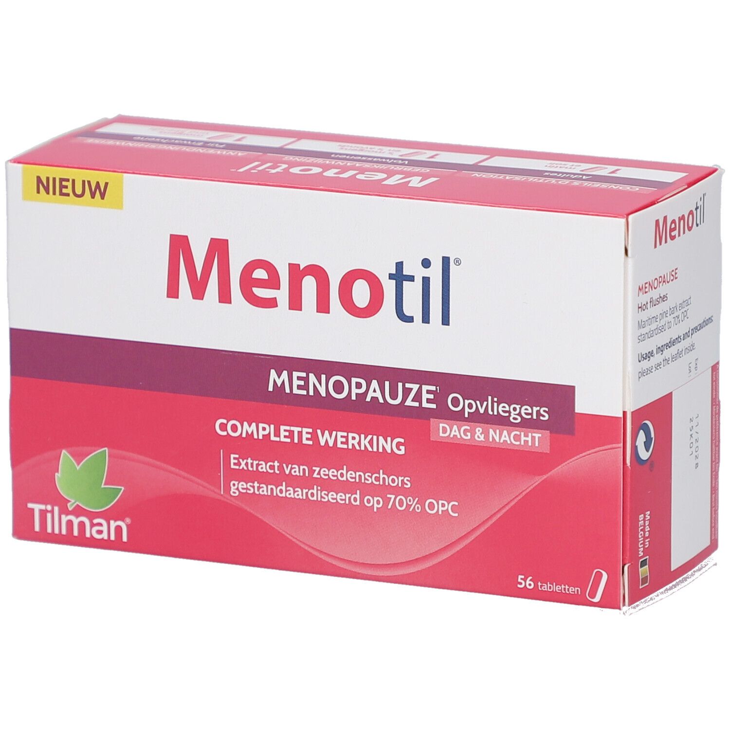Doos Menotil. Opschrift: Menopauze, opvliegers, dag & nacht. Bevat 56 tabletten. Merk Tilman.