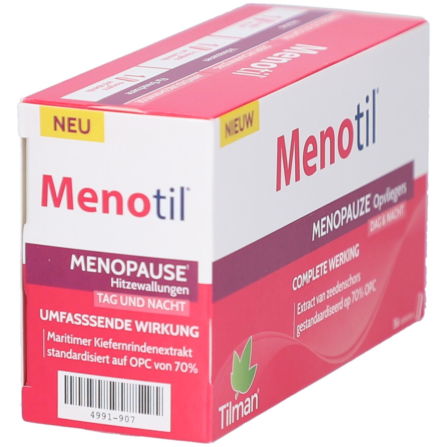 Doos Menotil, zijaanzicht. Opschrift: Menopauze, opvliegers, dag en nacht. Merk Tilman.