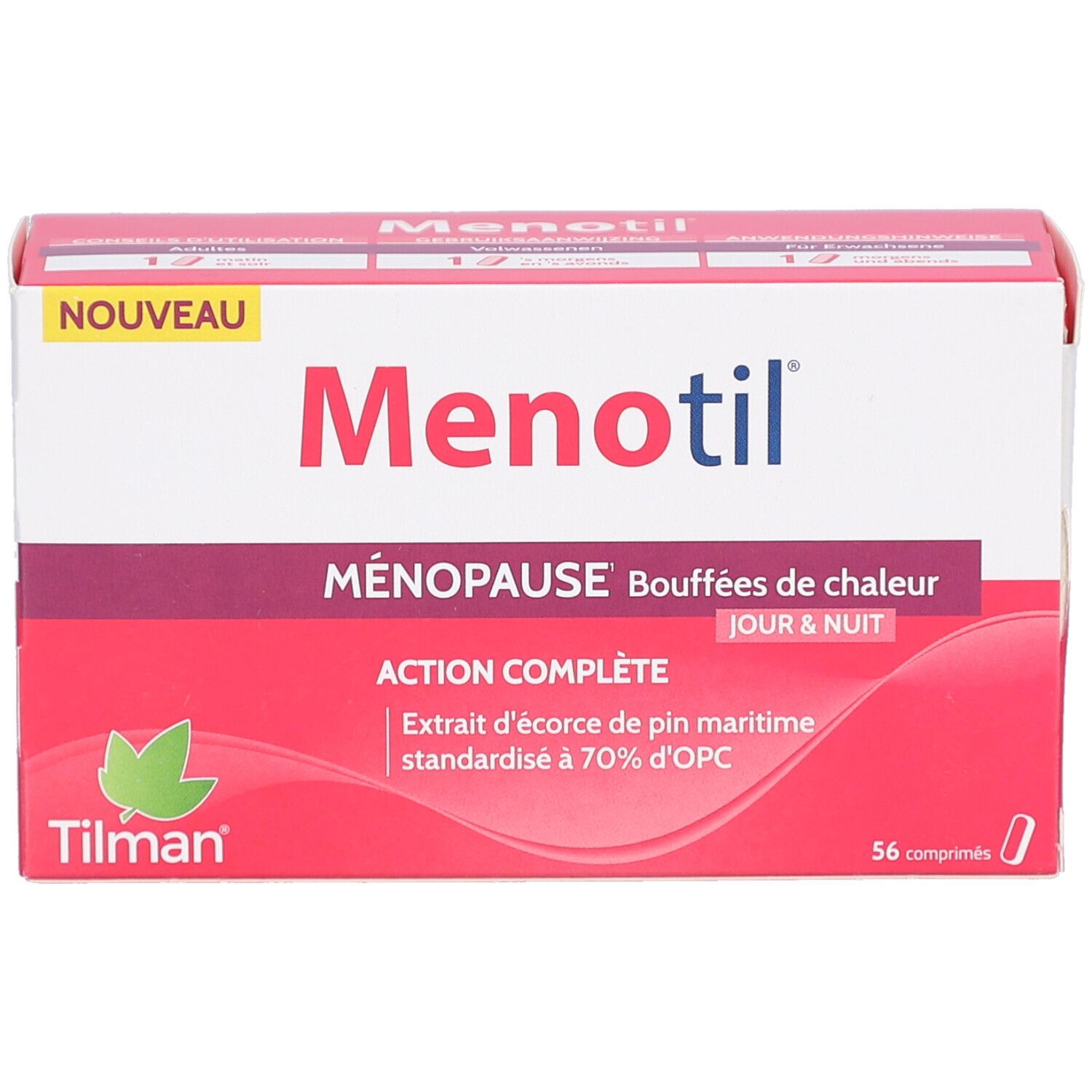Doos Menotil. Opschrift: Menopauze, opvliegers, dag & nacht. Bevat 56 tabletten. Merk Tilman.