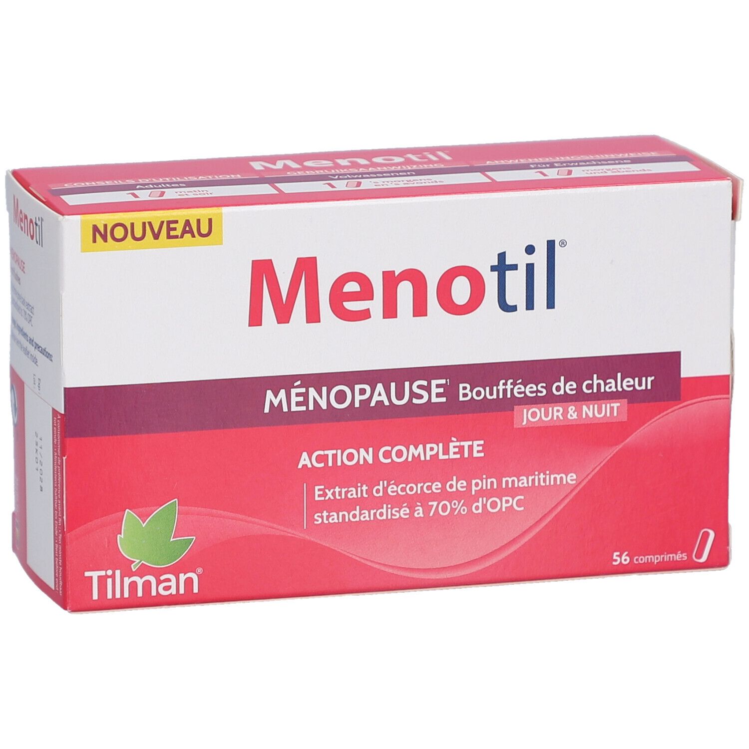 Doos Menotil. Opschrift: Menopauze, opvliegers, dag & nacht. Bevat 56 tabletten. Merk Tilman.
