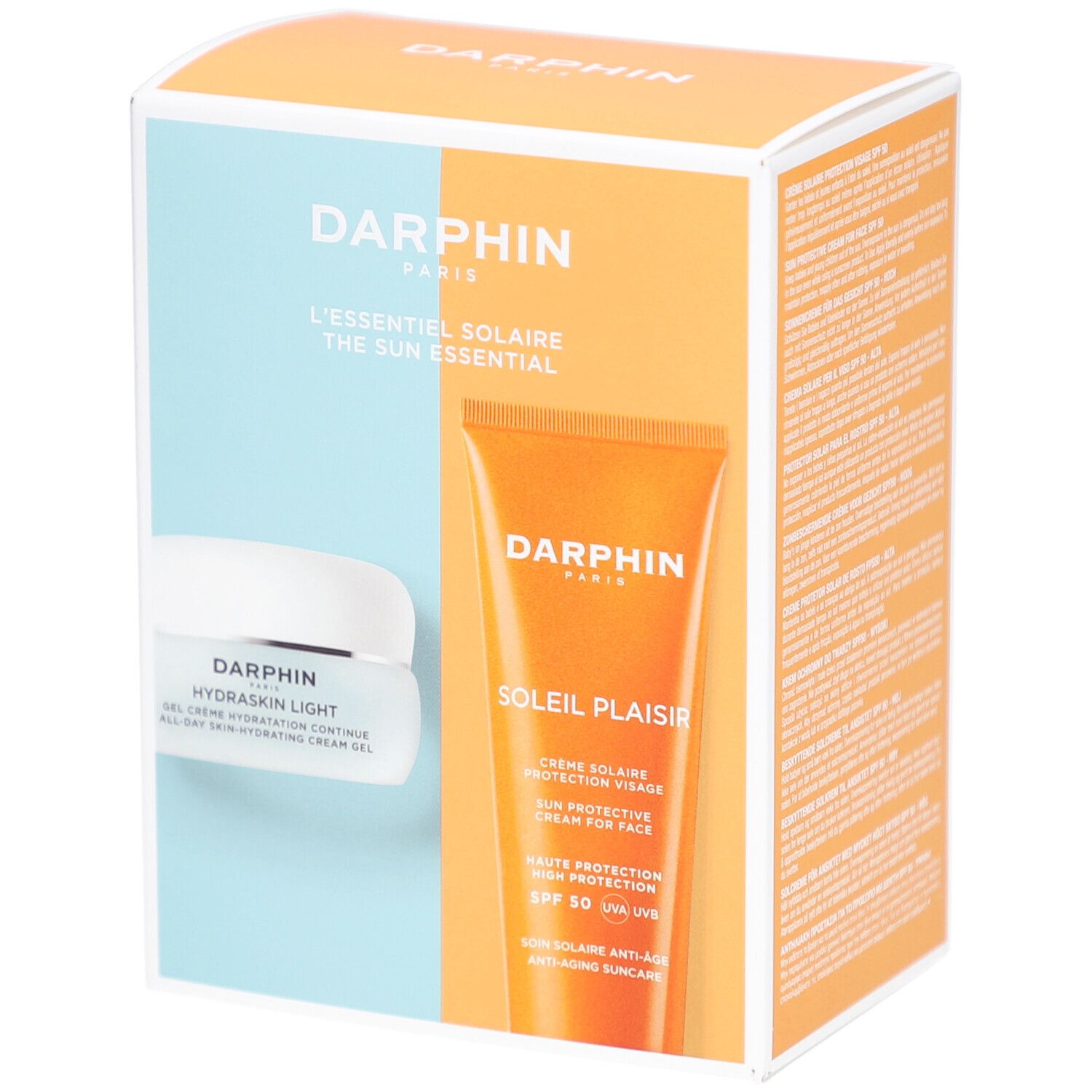 Coffret Darphin L'essentiel Solaire. Contient crème solaire et Hydraskin Light. Couleurs orange et bleu.