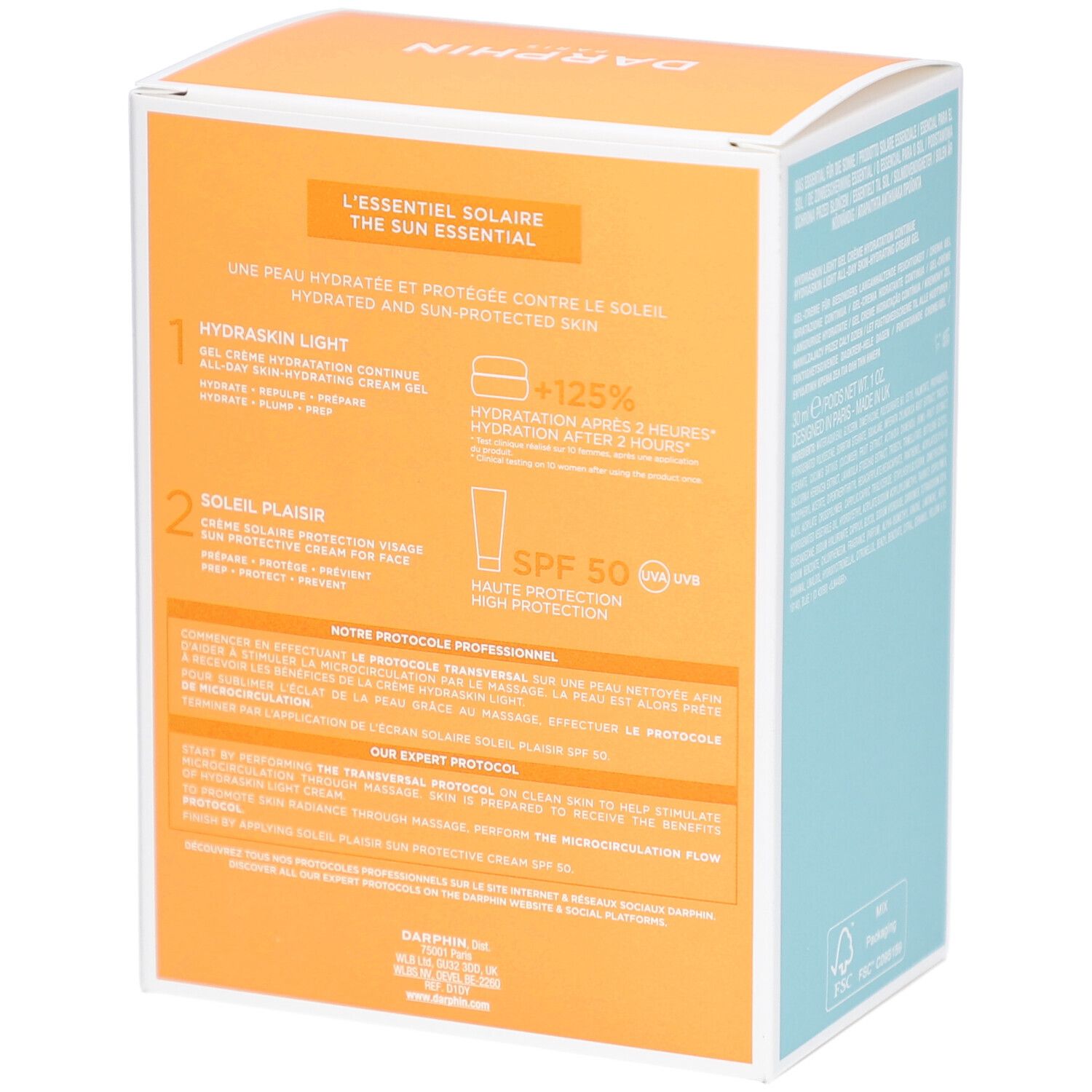 Coffret Darphin L'essentiel Solaire. Texte et illustrations sur fond orange. Coin bleu.