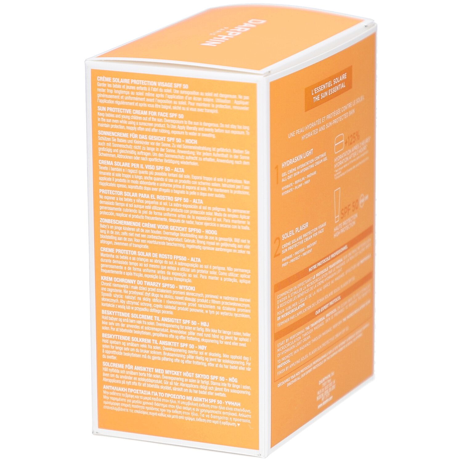 Côté du coffret Darphin L'essentiel Solaire. Texte multilingue. Fond orange.