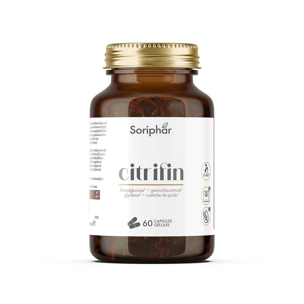 Flacon en verre brun avec couvercle doré. Étiquette blanche avec nom Citrifin et 60 gélules.