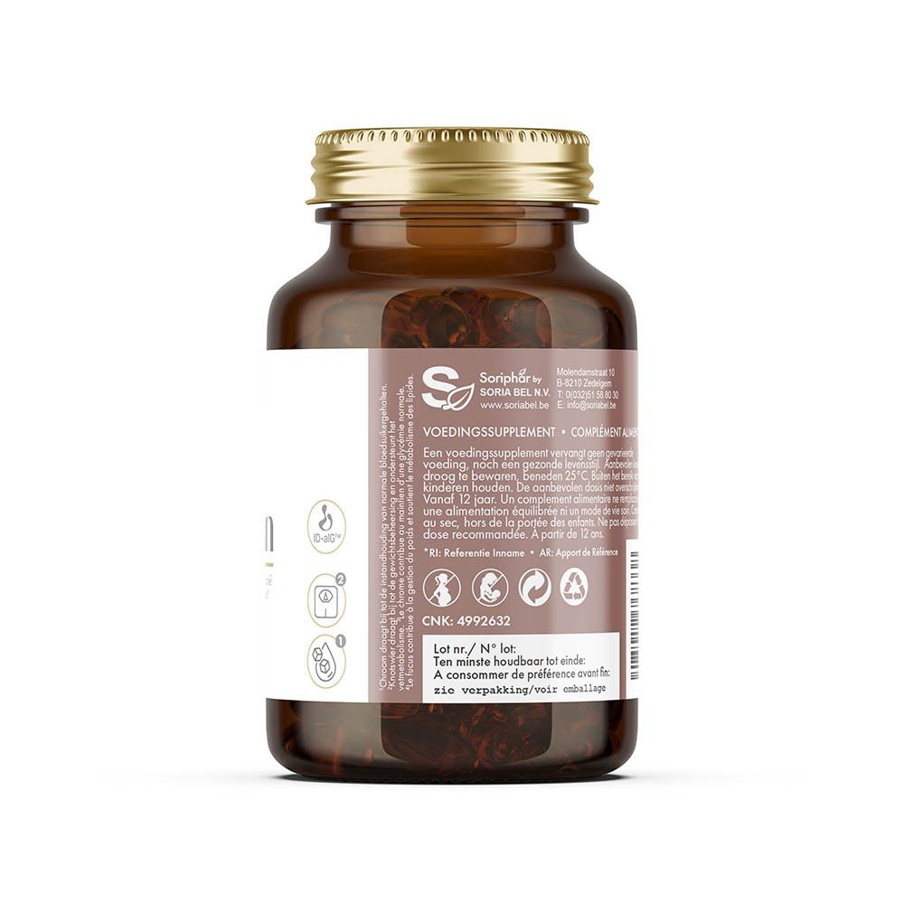 Dos du flacon en verre brun. Étiquette avec adresse, avertissements et icônes.