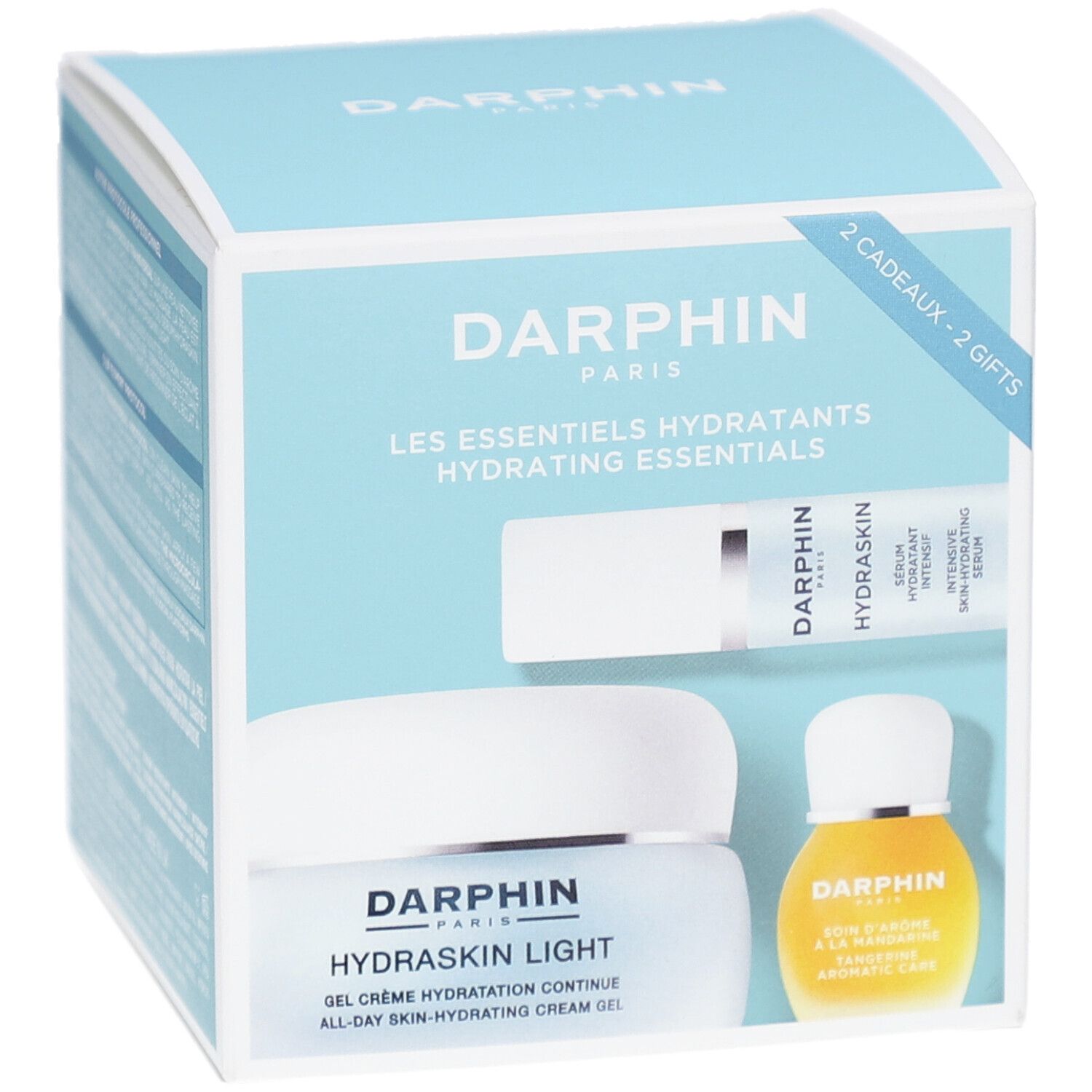 Coffret cadeau avec sérum, crème et huile. Inscription: Darphin Paris, Hydraskin Light, Hydrating Essentials. Emballage bleu clair.