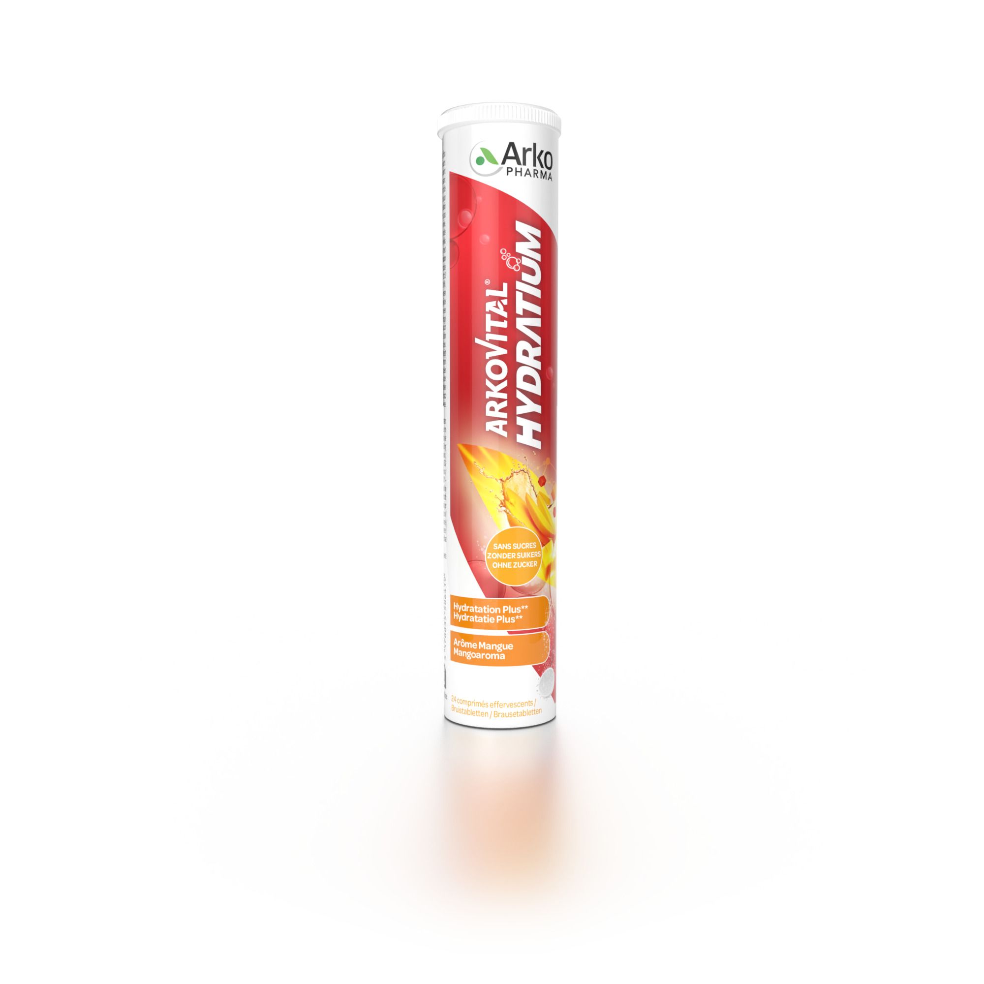 Tube cylindrique de comprimés. Inscription: Arkopharma Arkovital Hydratium. Fond rouge, illustration jaune.