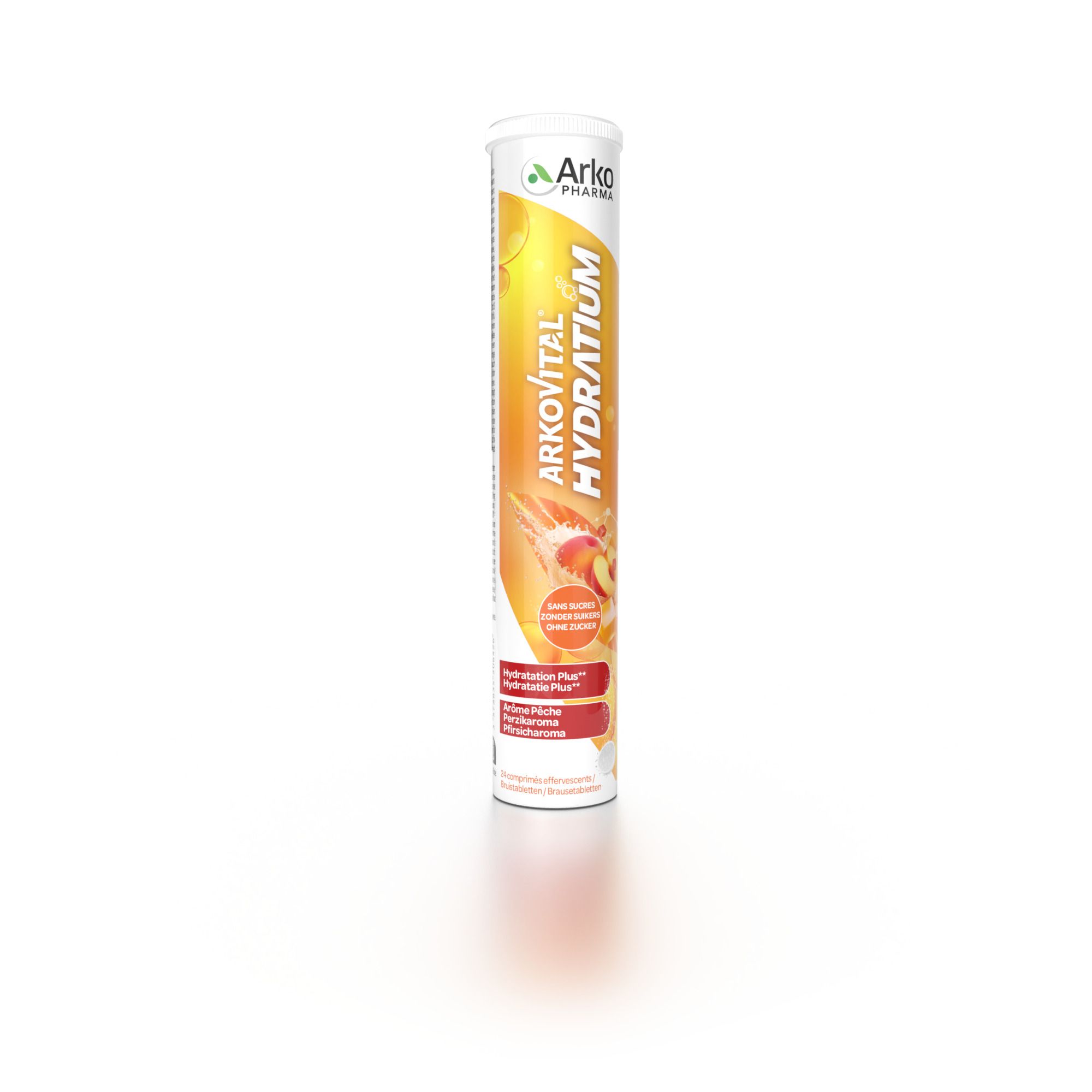 Cilindrische verpakking van Arkovital Hydratium Pêche. Opschrift: Arko Pharma, Hydratium, Pêche. Met perzik-illustratie.