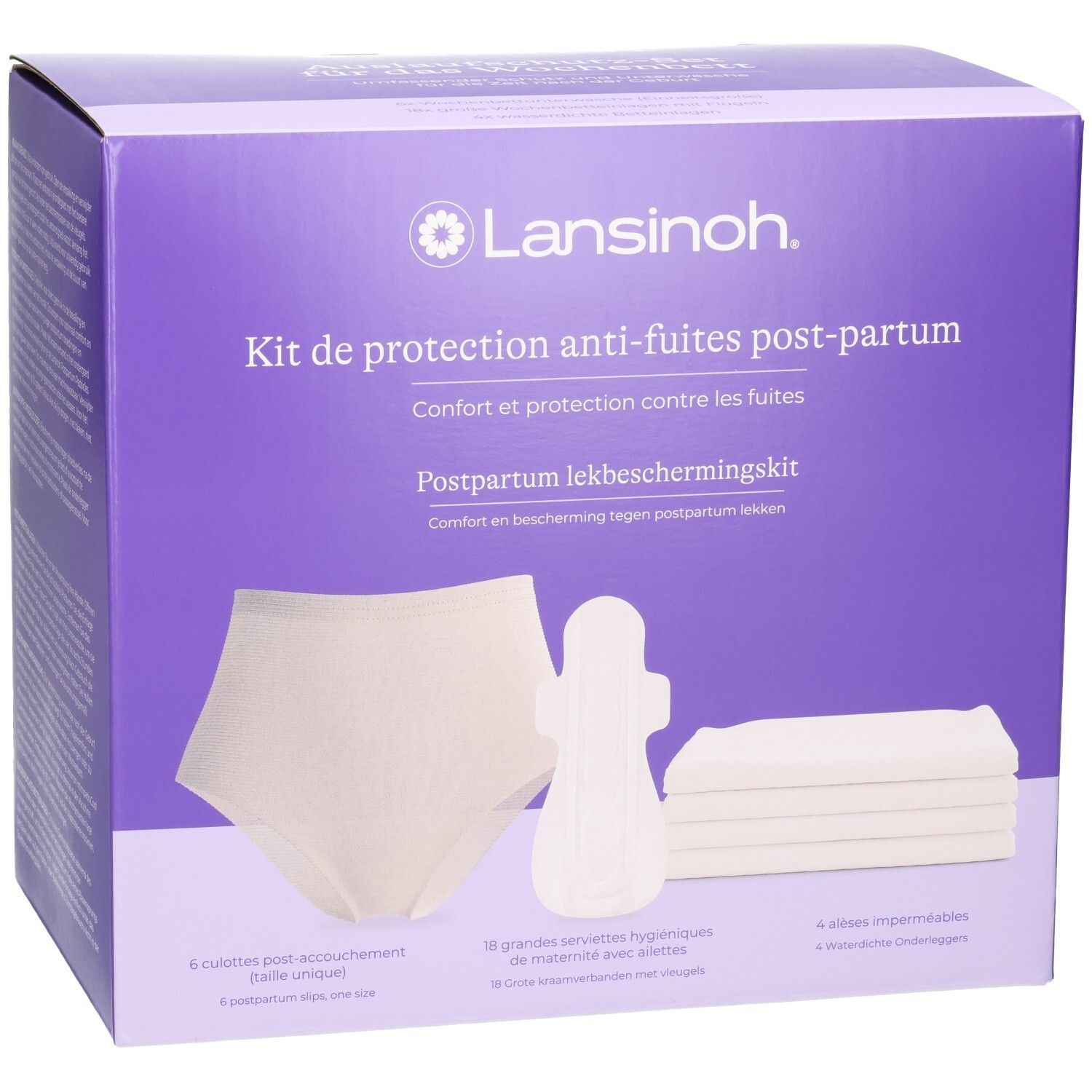 Kit de protection post-partum Lansinoh : culotte, 18 serviettes, 4 protections imperméables.