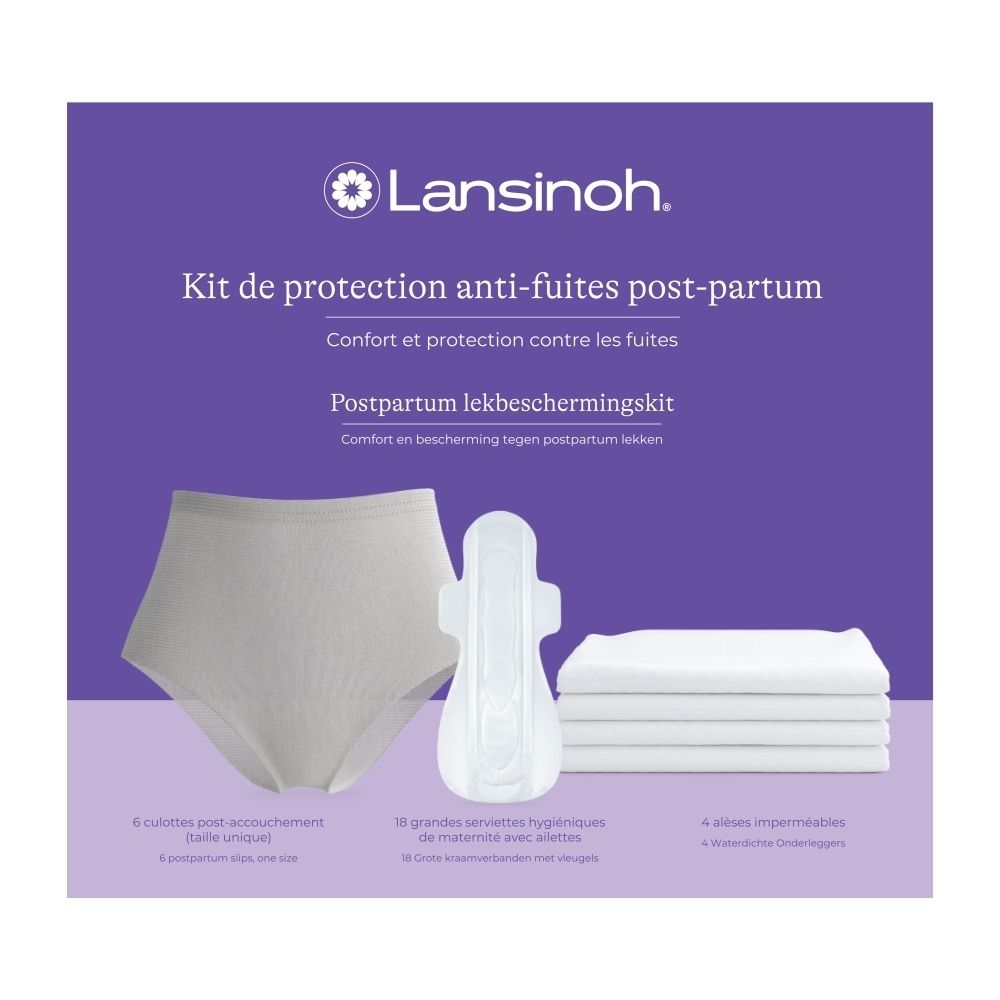 Lansinoh Postpartum Beschermingskit: slip, 18 inlegkruisjes, 4 waterdichte onderleggers.