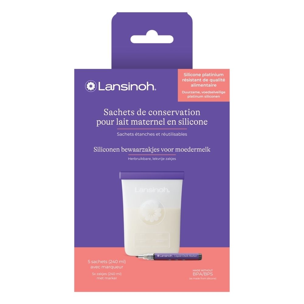 Lansinoh siliconen moedermelkzakjes, 3 stuks (240 ml) met marker.