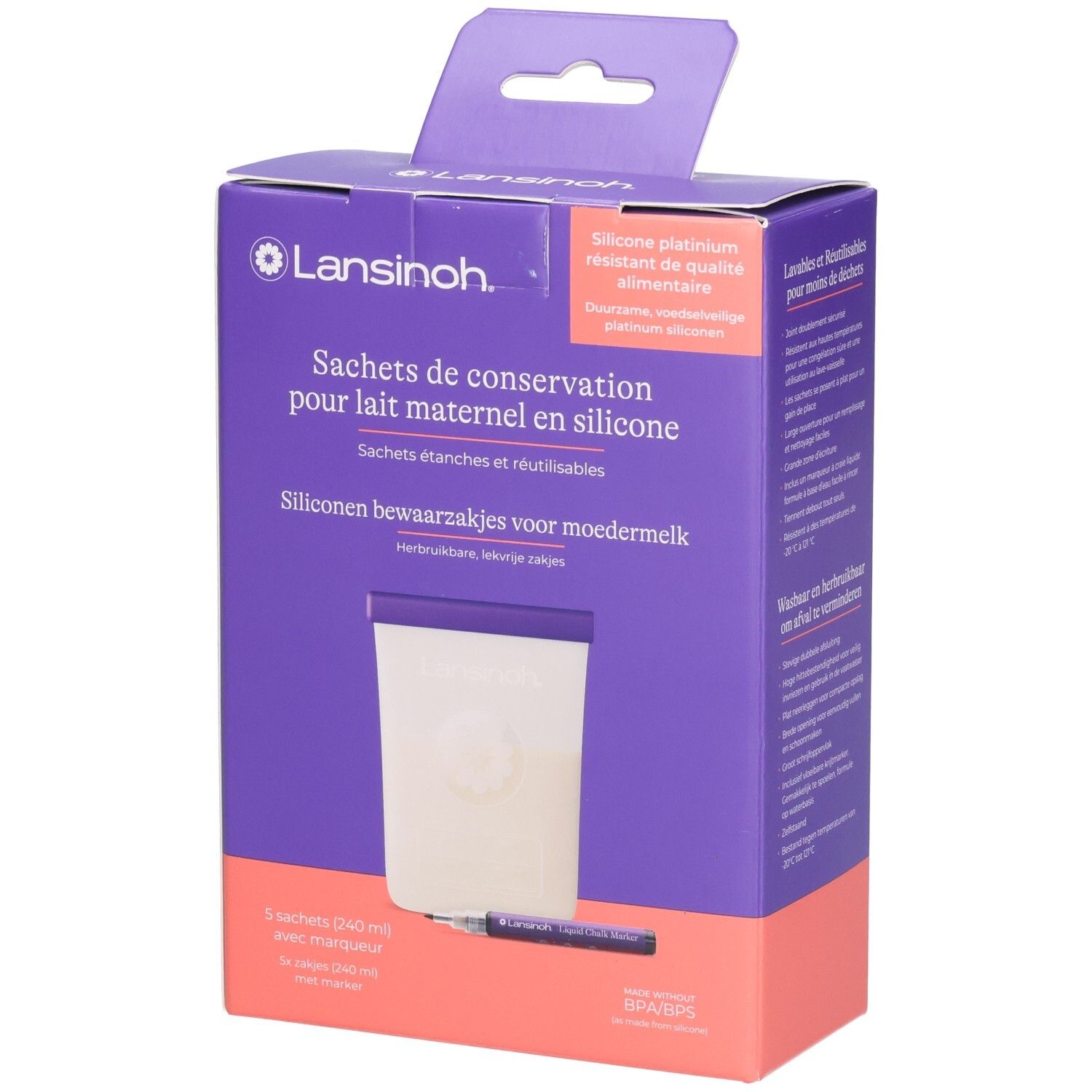 Sachets Lansinoh en silicone pour lait maternel, 3 pièces (240 ml) avec marqueur.