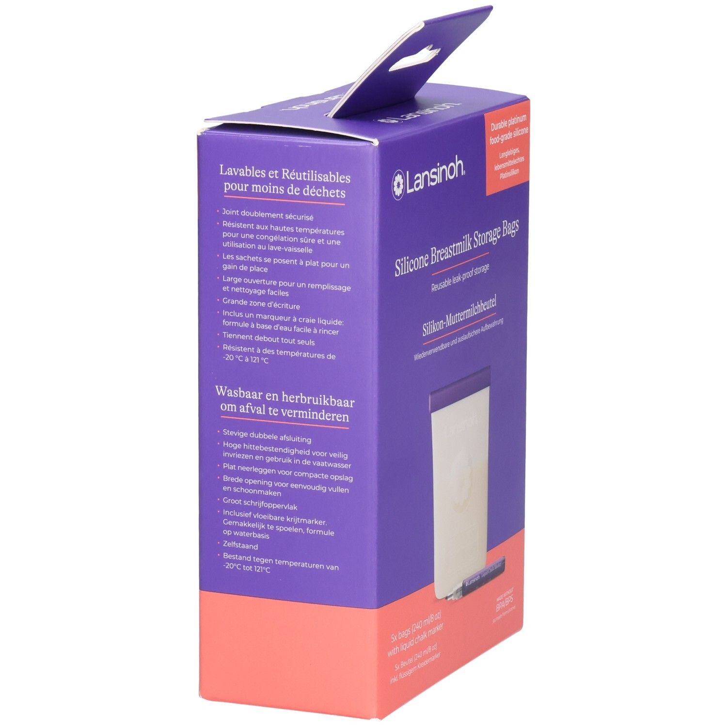 Sachets Lansinoh en silicone pour lait maternel, 3 pièces (240 ml) avec marqueur.