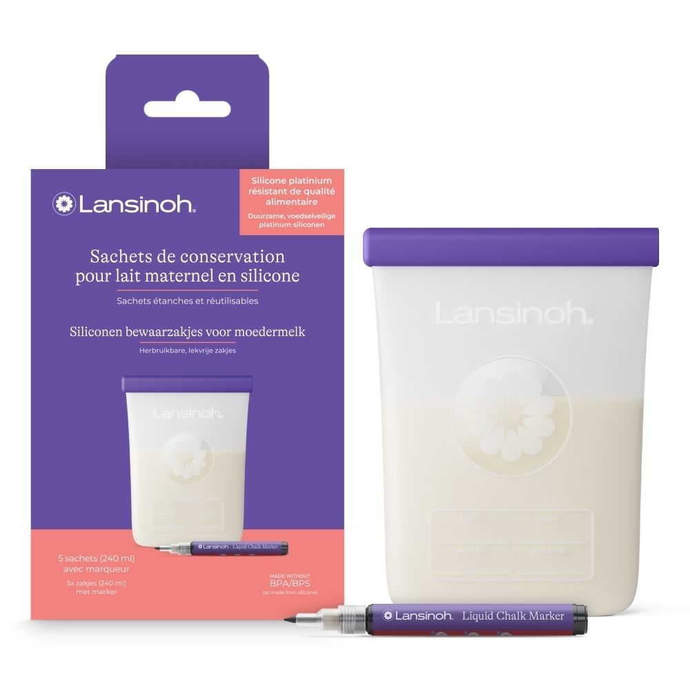 Lansinoh siliconen moedermelkzakjes, 3 stuks (240 ml) met marker.