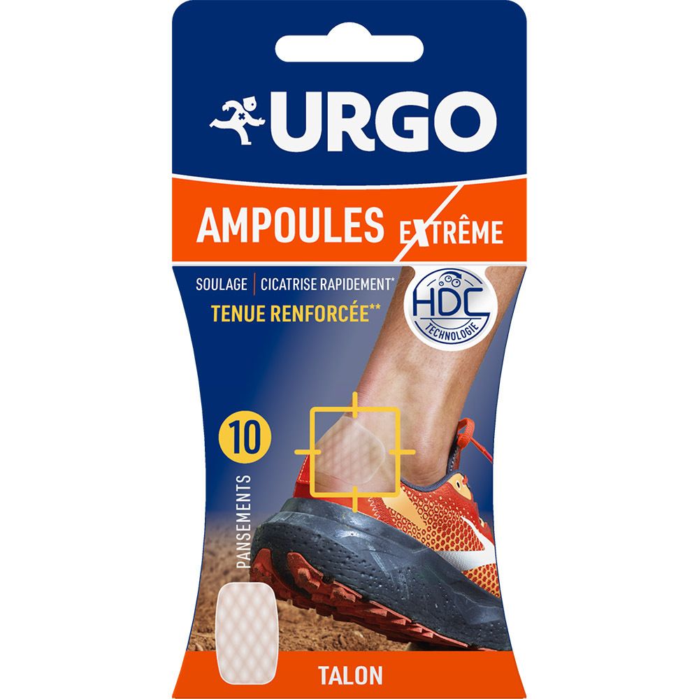 Paquet de Urgo Ampoules Extrême. Montre un pied avec ampoule et pansement. 10 pansements.