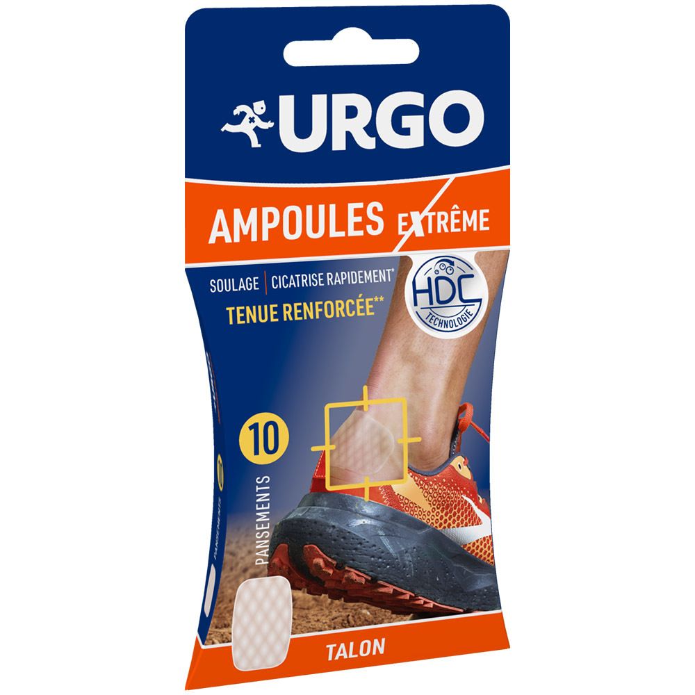 Paquet de Urgo Ampoules Extrême. Montre un pied avec ampoule et pansement. 10 pansements.