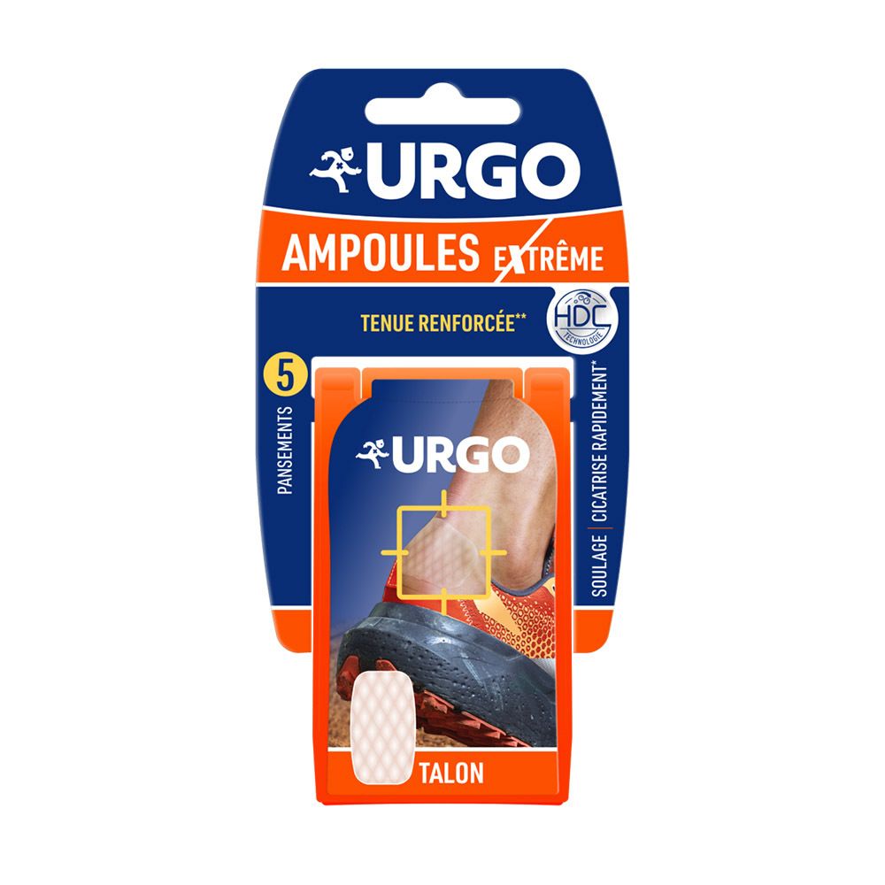 Verpakking Urgo Extreme Blaren pleisters. Blauwe en oranje verpakking met productafbeelding en tekst. Bevat 5 pleisters.