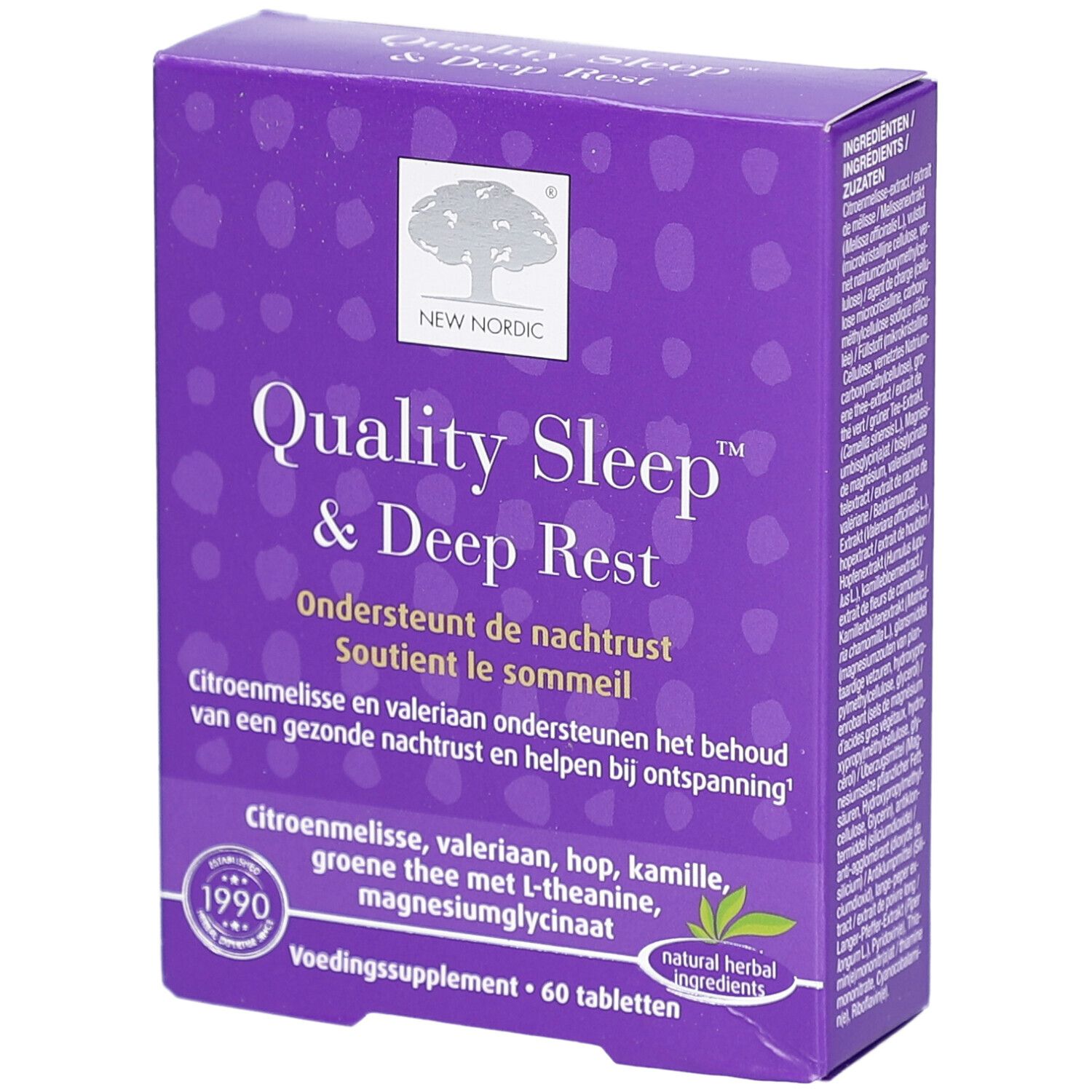 Boîte violette "Quality Sleep & Deep Rest". Contient 60 comprimés. Logo et texte "New Nordic" visibles.