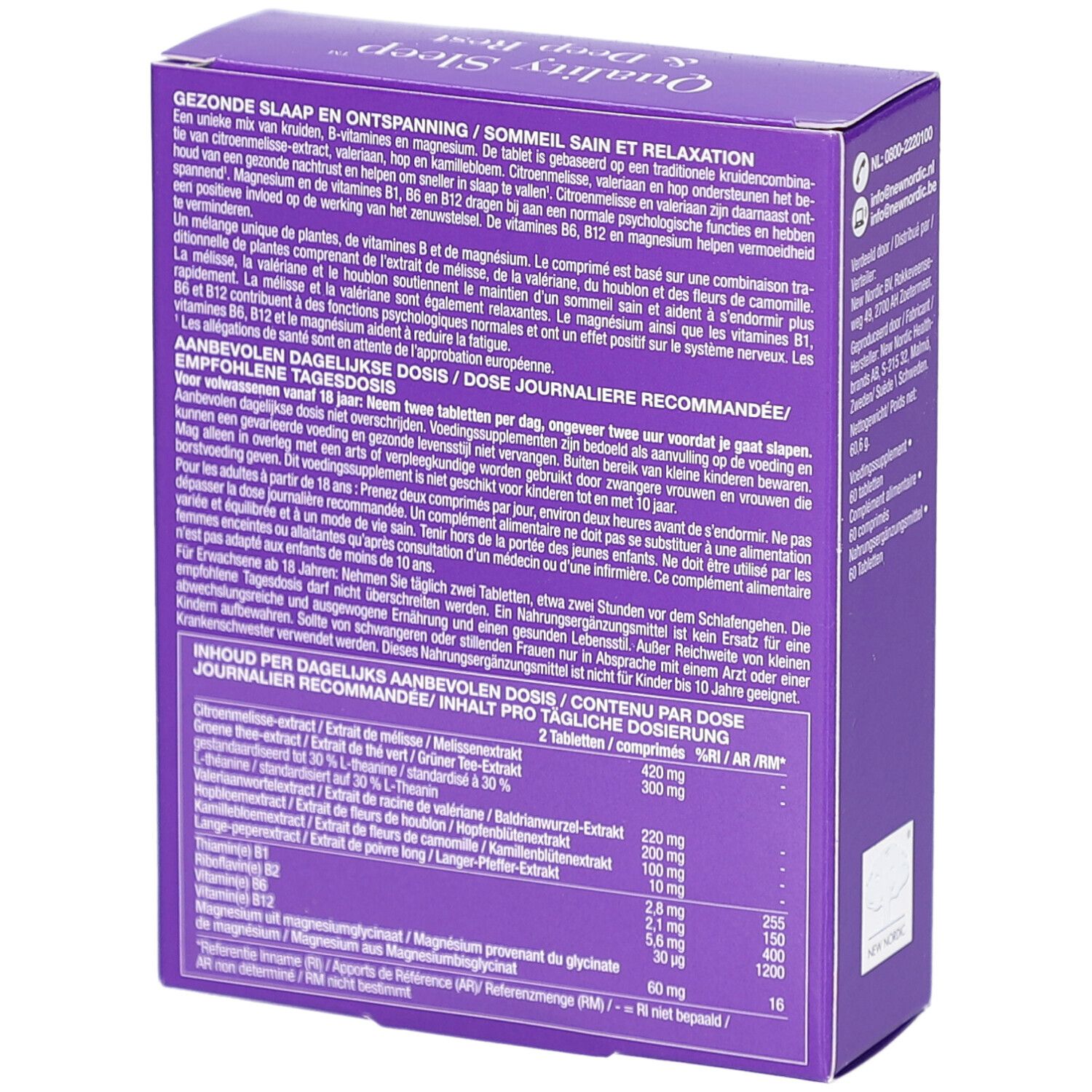 Dos de la boîte violette. Informations sur les ingrédients et le dosage. Contient 60 comprimés. Logo "New Nordic".