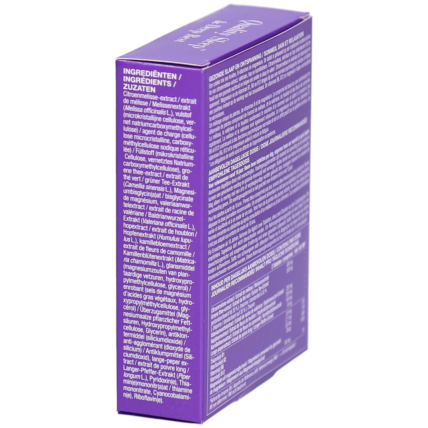 Boîte violette, vue latérale avec liste des ingrédients. Logo "New Nordic". Contient 60 comprimés.