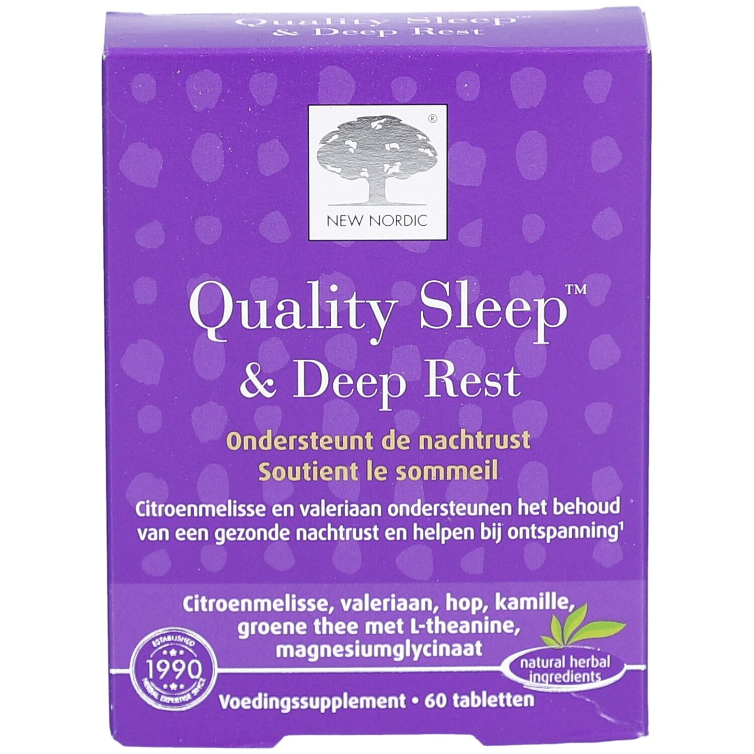 Boîte violette "Quality Sleep & Deep Rest". Contient 60 comprimés. Logo et texte "New Nordic" visibles.