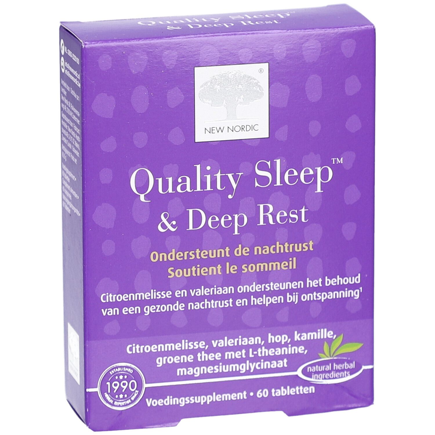 Boîte violette "Quality Sleep & Deep Rest". Contient 60 comprimés. Logo et texte "New Nordic" visibles.