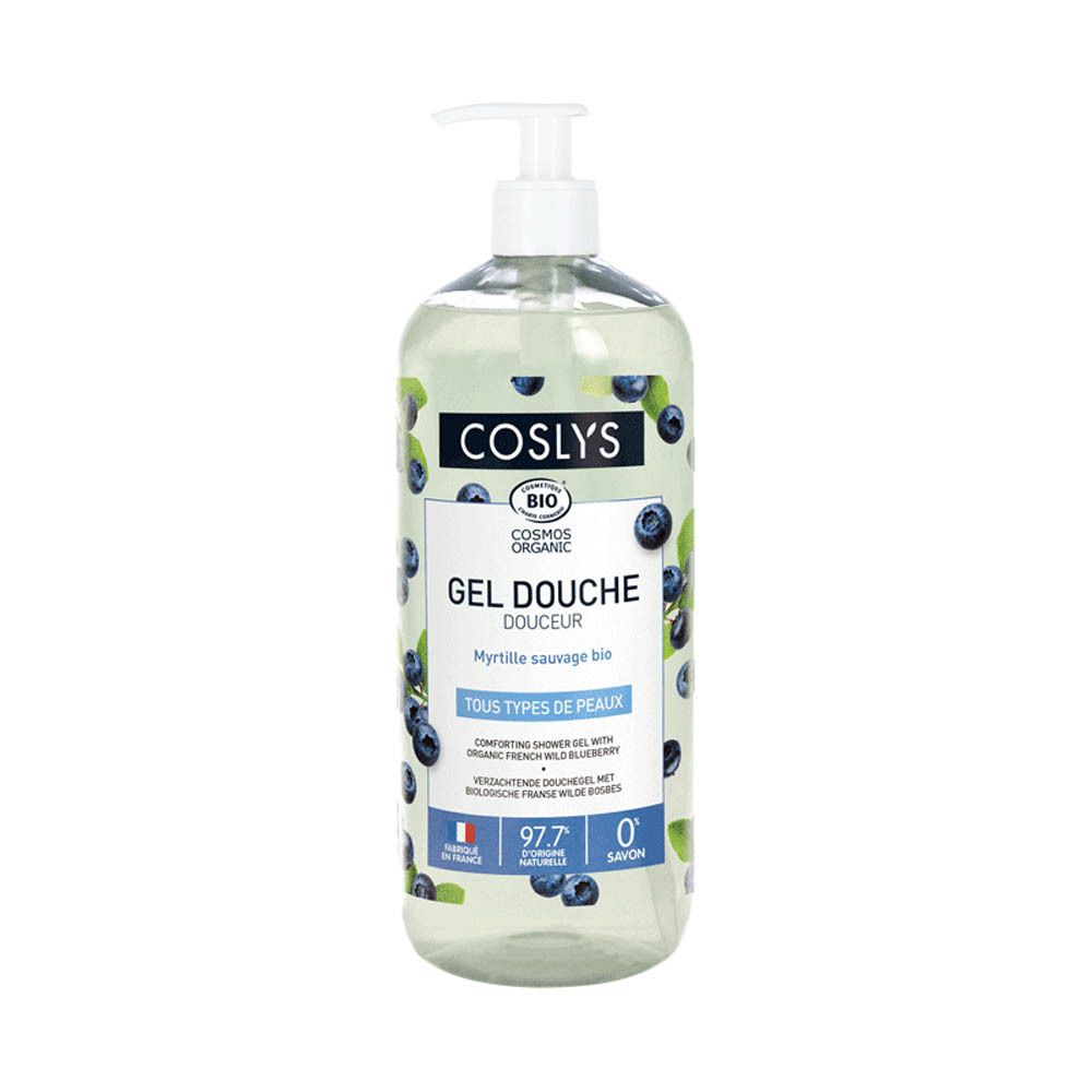 Flacon transparent avec pompe. Étiquette avec informations produit et décor de myrtilles. Inscription : COSLYS, Gel Douche Douceur.