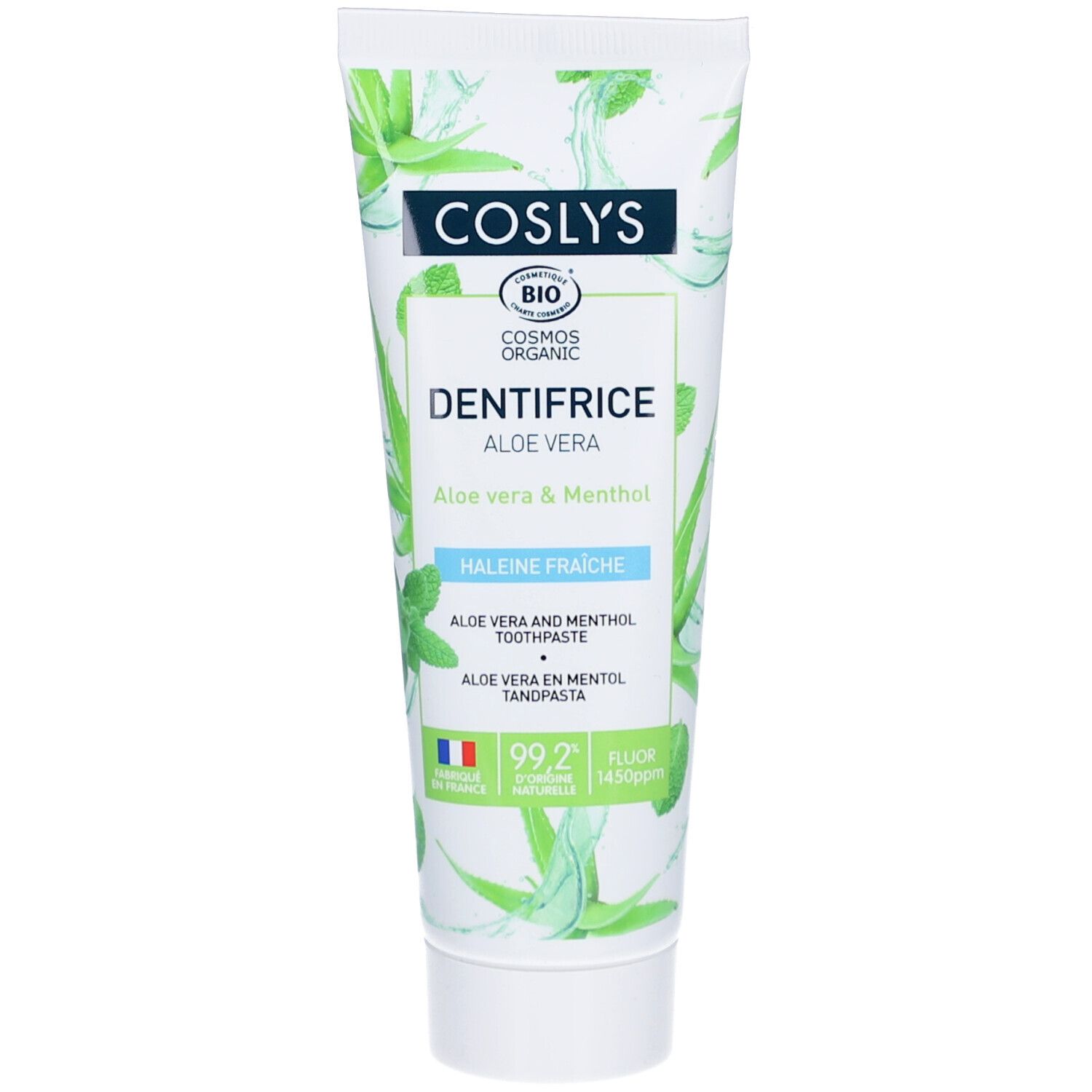 Tandpastatube met groene elementen. Opschrift: COSLYS, Dentifrice Aloe Vera. Bevat aloë vera en menthol. Bio-certificering.