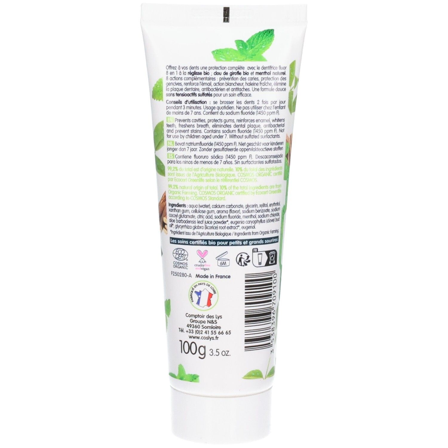 Achterkant van de tandpastatube met tekst, ingrediënten en certificeringen. Bevat 100g en 3.5 oz.