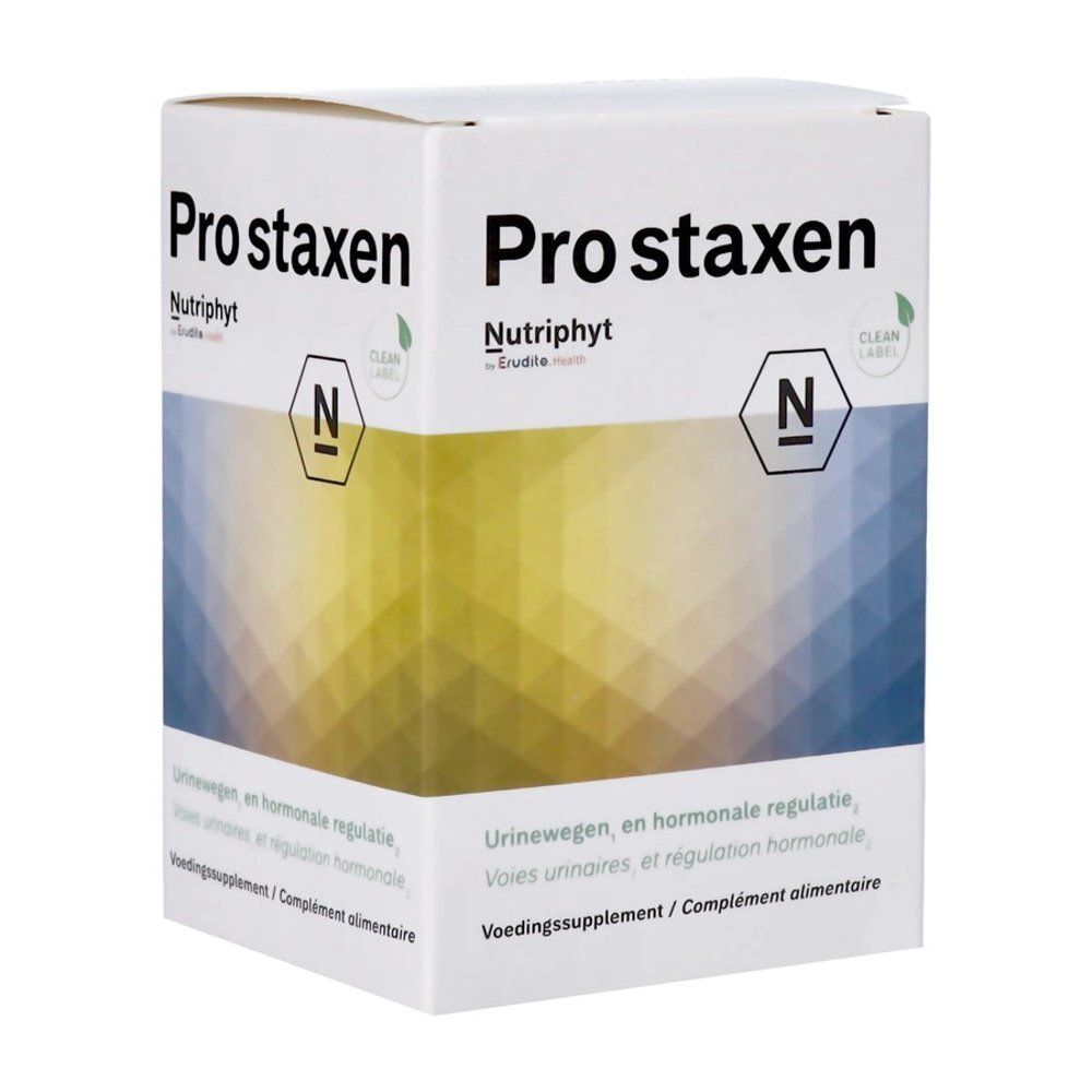 Boîte blanche "Prostaxen". Logo et texte en allemand, français, néerlandais. Fond jaune-bleu.
