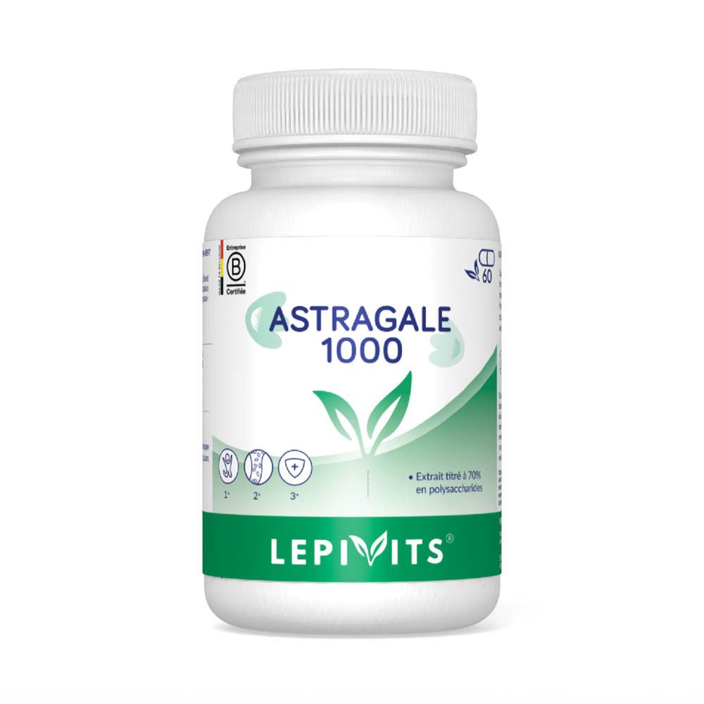 Witte fles met capsules. Opschrift Astragale 1000, Lepivits. Certificeringslogo.